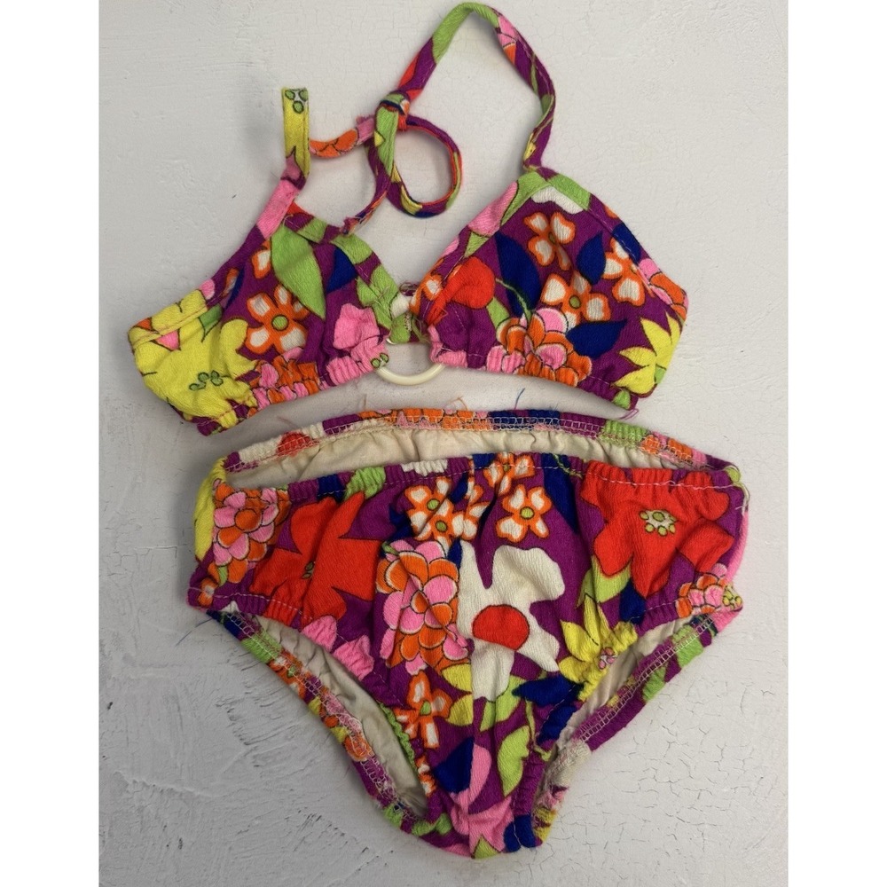 True Vintage Two Piece Swim Suit Retro Colorful Floral Print Swimsuit Beach Rare